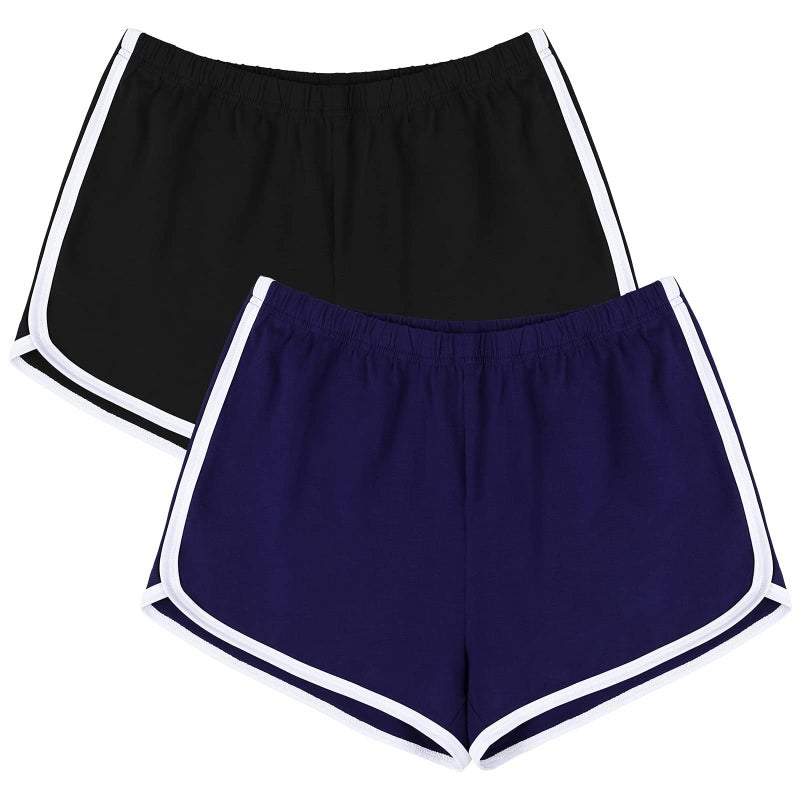 URATOT Women's Cotton Gym Yoga Summer Running Dance Elastic Shorts, Pack of 2 - Black, Navy - Image 1